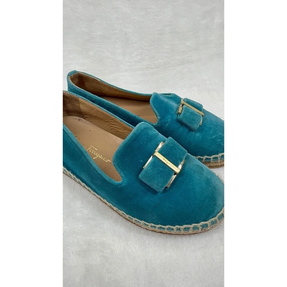 Salvatore Ferragamo‎ Teal Velvet Espadrille Loafers Gold Buckle Italy EU 28 0W